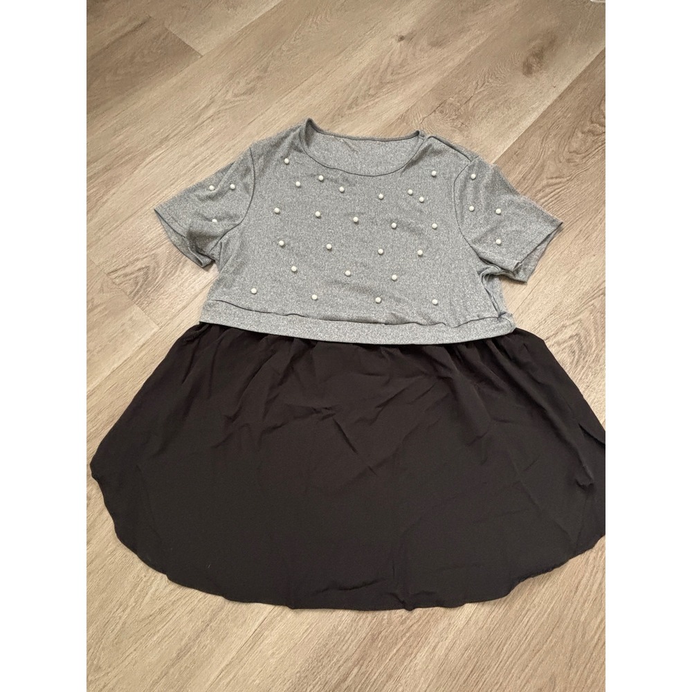 Grey Ribbed Knit Faux Pearl Embellished Mixed Media Tunic Top Black Hem